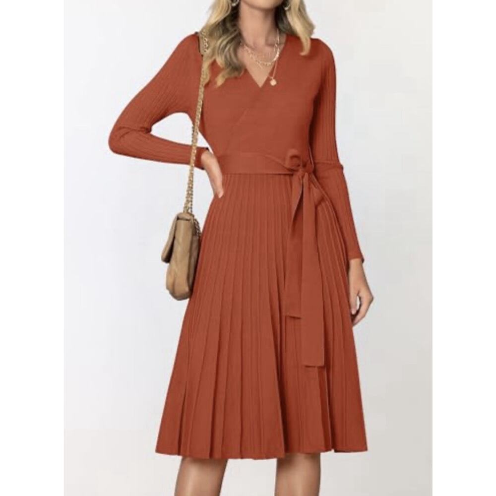 Zesica Orange L Ribbed Thick Knit Ribbed A Line Midi Sweater Tie Dress Office
